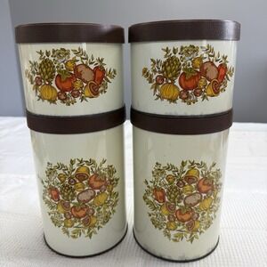 Vintage Ballonoff Tin Canister Set Lids Vegetables MCM Brown Retro 70s Kitchen